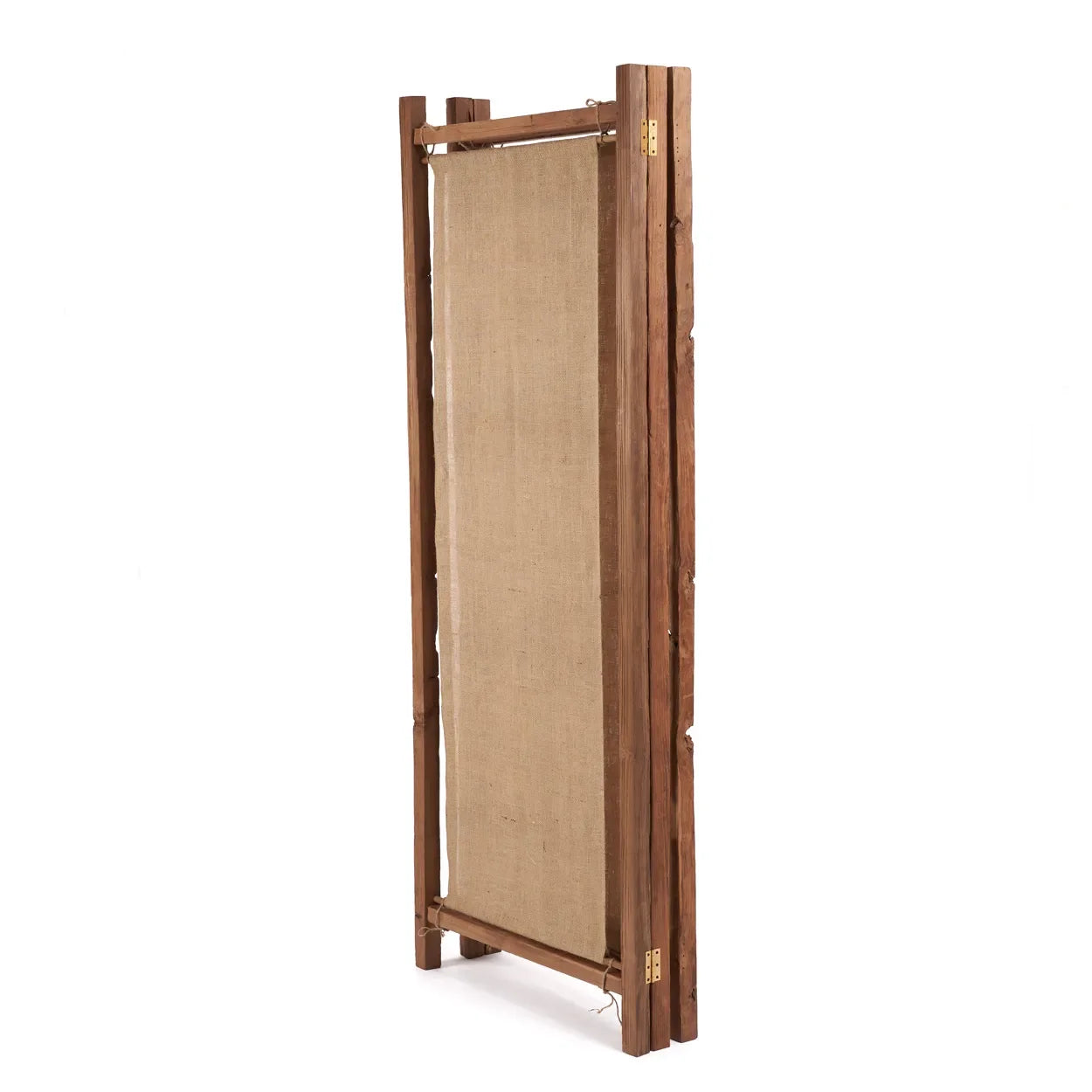 Séparateur de pièce en teck recyclé et jute naturel, écran pliant en bois et toile