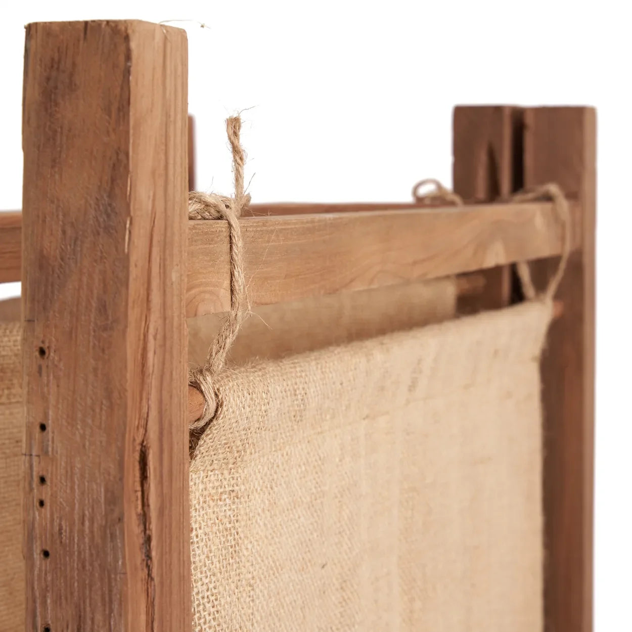Séparateur de pièce en teck recyclé avec cadre rustique en bois et panneau en jute naturel