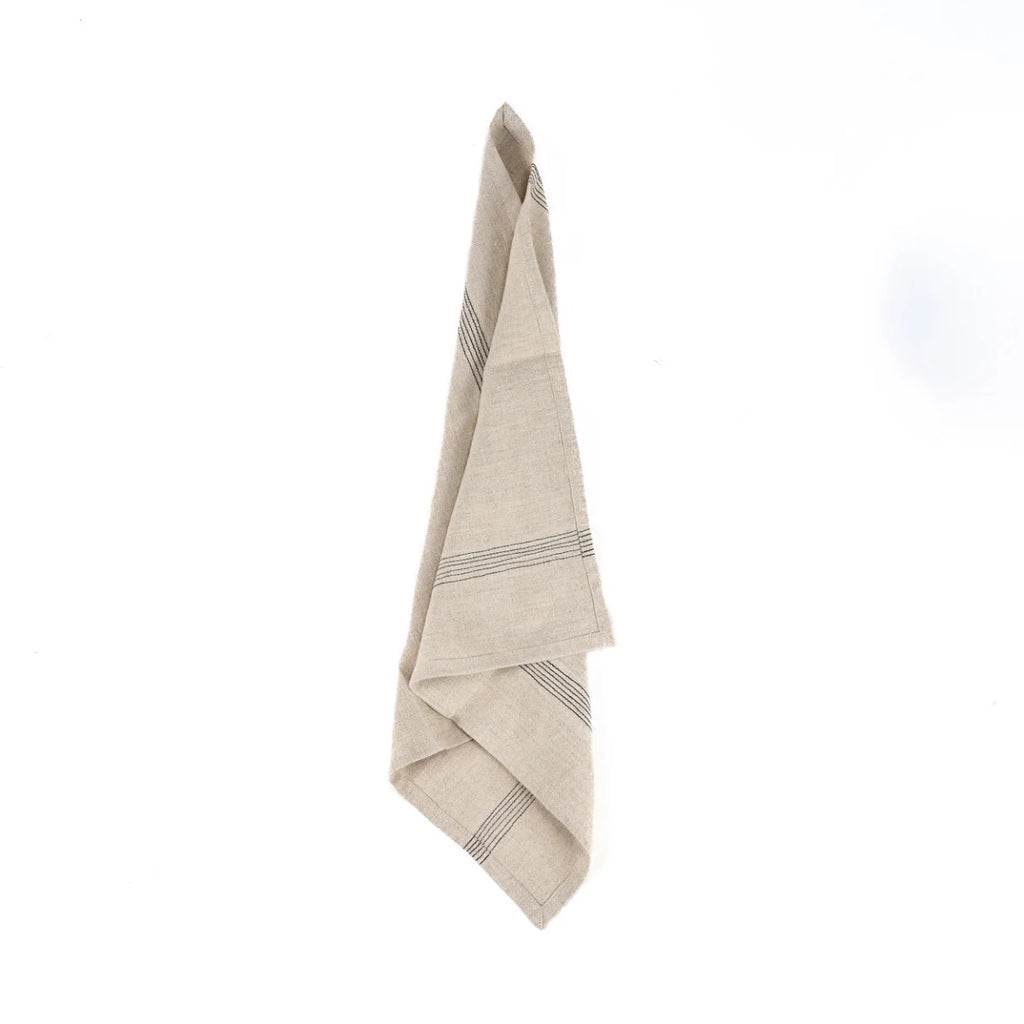 Serviette en lin naturel rayée noir beige pour cuisine