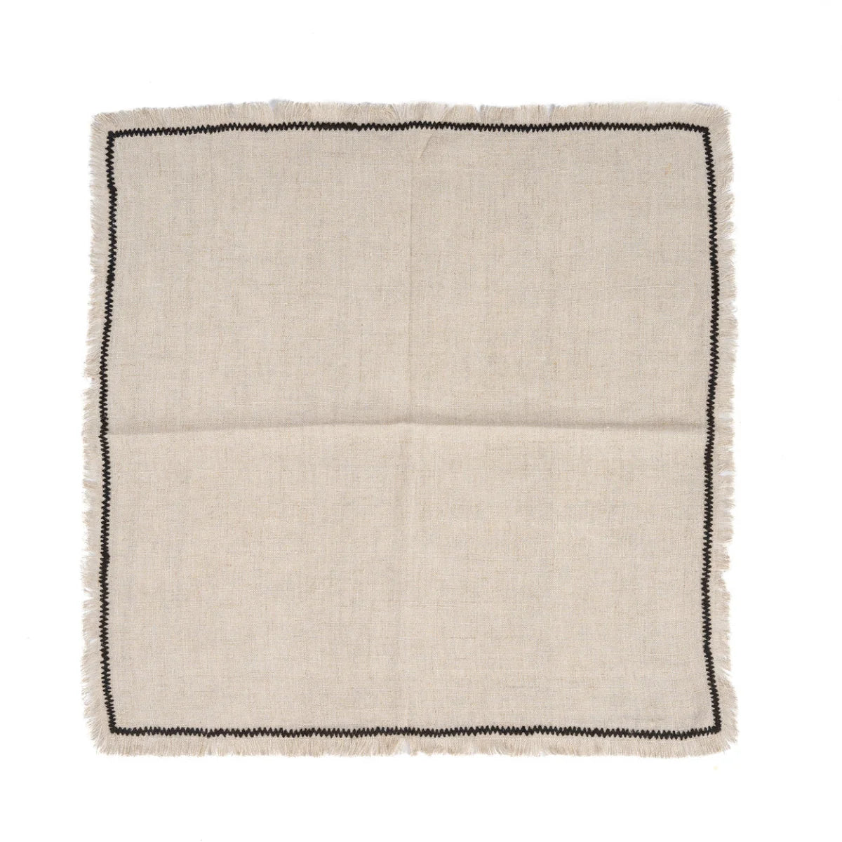 Serviette de table en lin naturel crème, bordure noire, bords effilochés