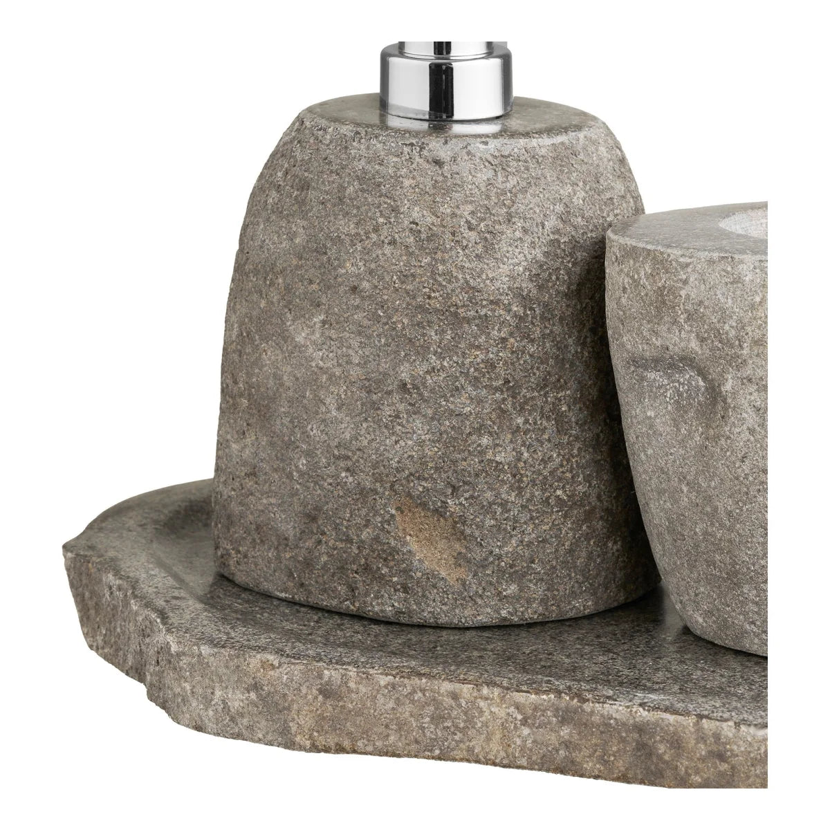 Distributeur de savon et gobelet en pierre naturelle au style galet zen pour salle de bain