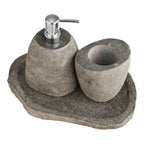 Set salle de bain en pierre grise galet zen avec pompe chrome