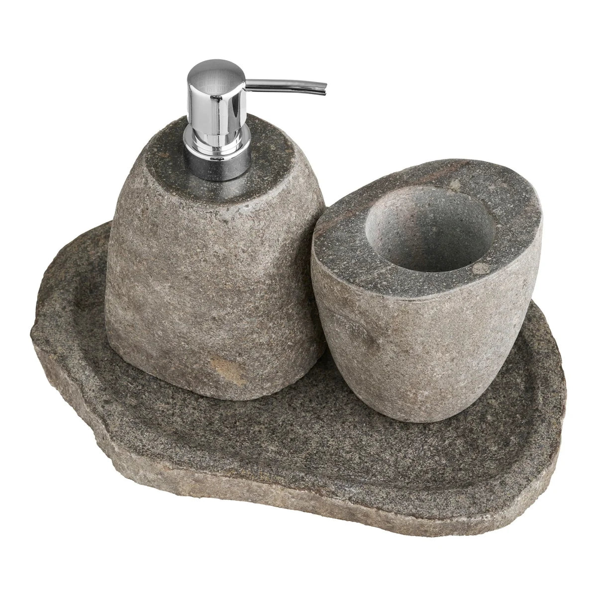 Set salle de bain en pierre grise galet zen avec pompe chrome