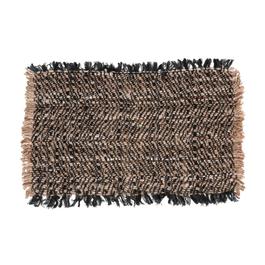 Set de table en coton gaufré noir cuivré avec franges, motif herringbone beige et marron