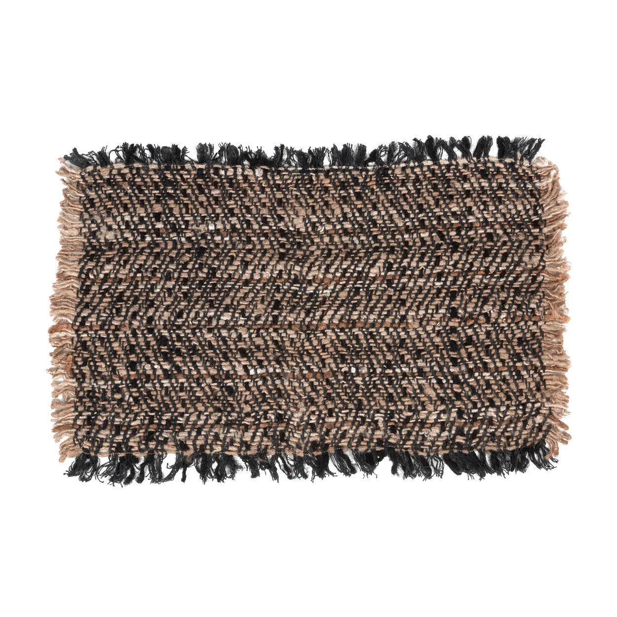 Set de table en coton gaufré noir cuivré avec franges, motif herringbone beige et marron