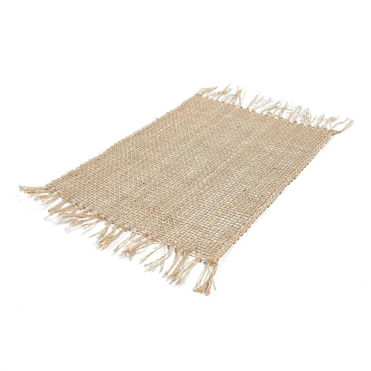 Set de table en jonc de mer naturel tressé 30x50 cm avec rectangle en toile de jute à franges
