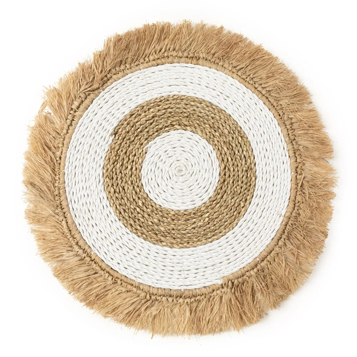 Tapis rond en raphia et herbe marine avec franges pour décoration de table