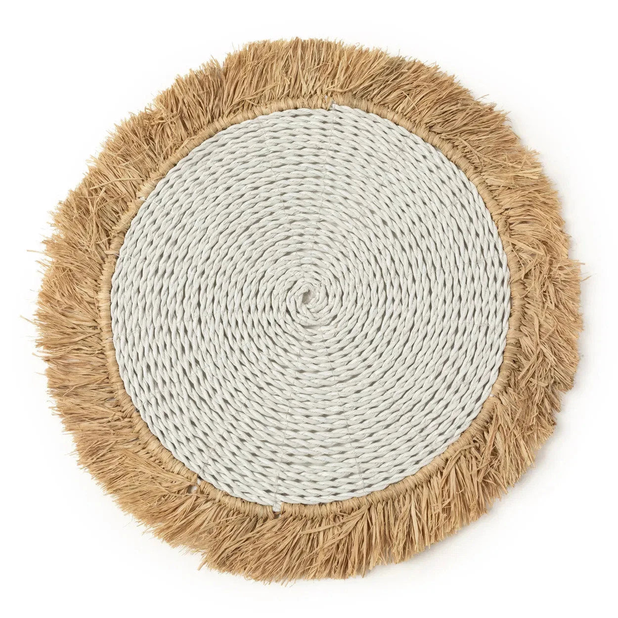 Set de table rond en raphia et herbe marine blanc naturel avec franges en jute 45 cm