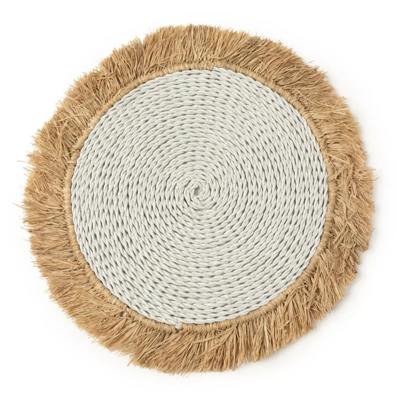 Set de table rond en raphia et herbe marine blanc naturel avec franges en jute – Ø45 cm