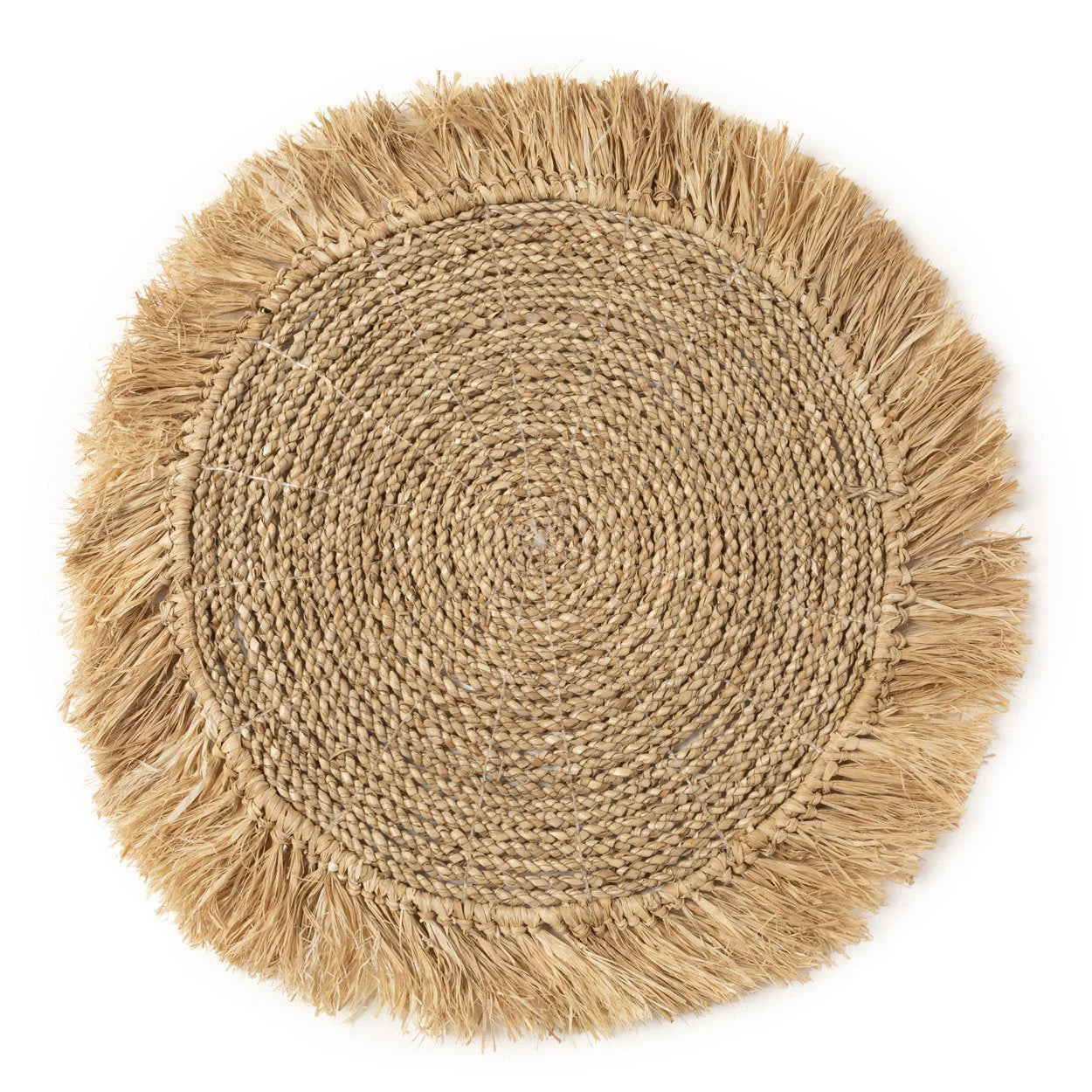 Set de table rond en raphia et herbe de mer avec bord frangé et motif tressé