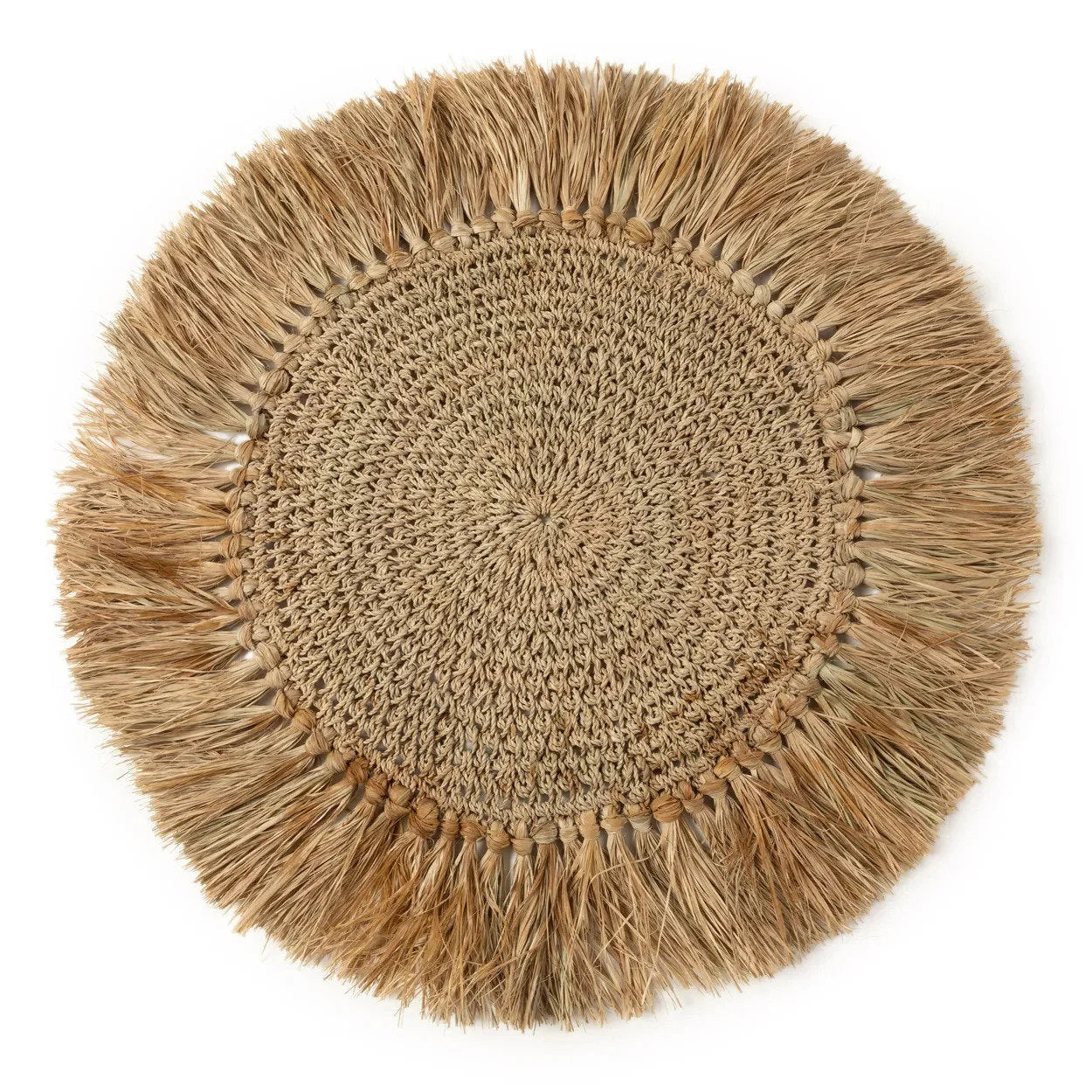 Set de table rond en raphia naturel avec franges et centre crocheté texturé