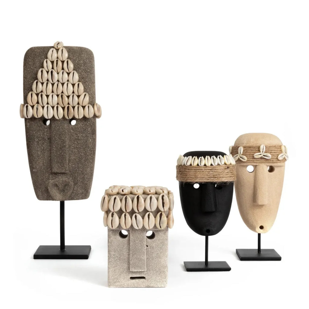 Masques tribaux décoratifs en grès avec coquillages, 11x7 cm, décoration intérieure
