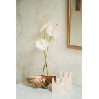 Trois fleurs d’anthurium blanches dans un vase en verre pour la statue en grès sculptée main