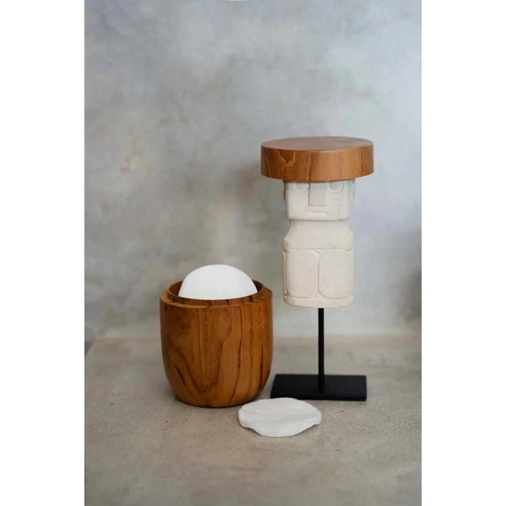 Contenant en bois avec disques de coton blanc et pilier décoratif pour Statue en grès silhouette humaine