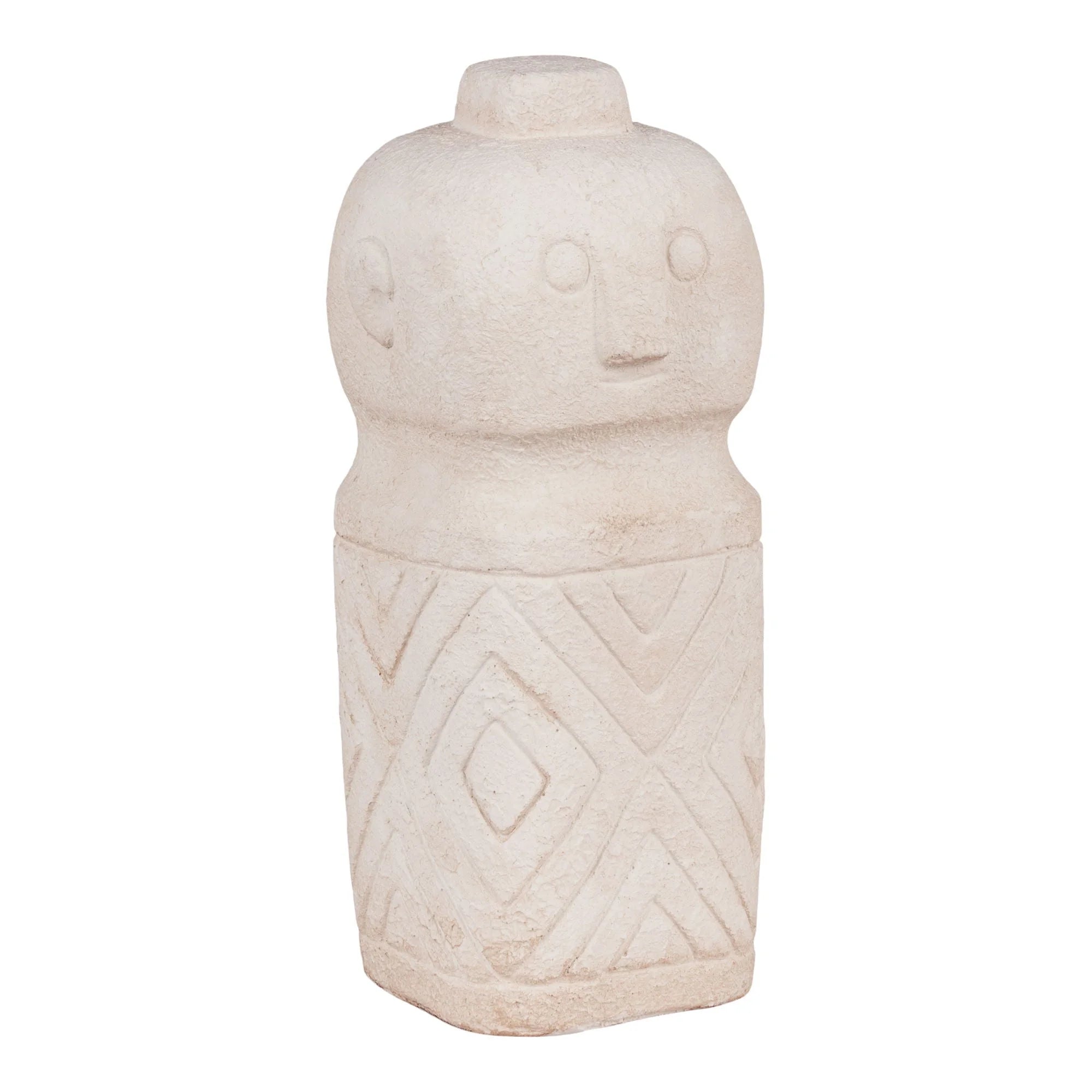 Statuette décorative effet pierre visage gravé beige avec figure tribale en pierre claire