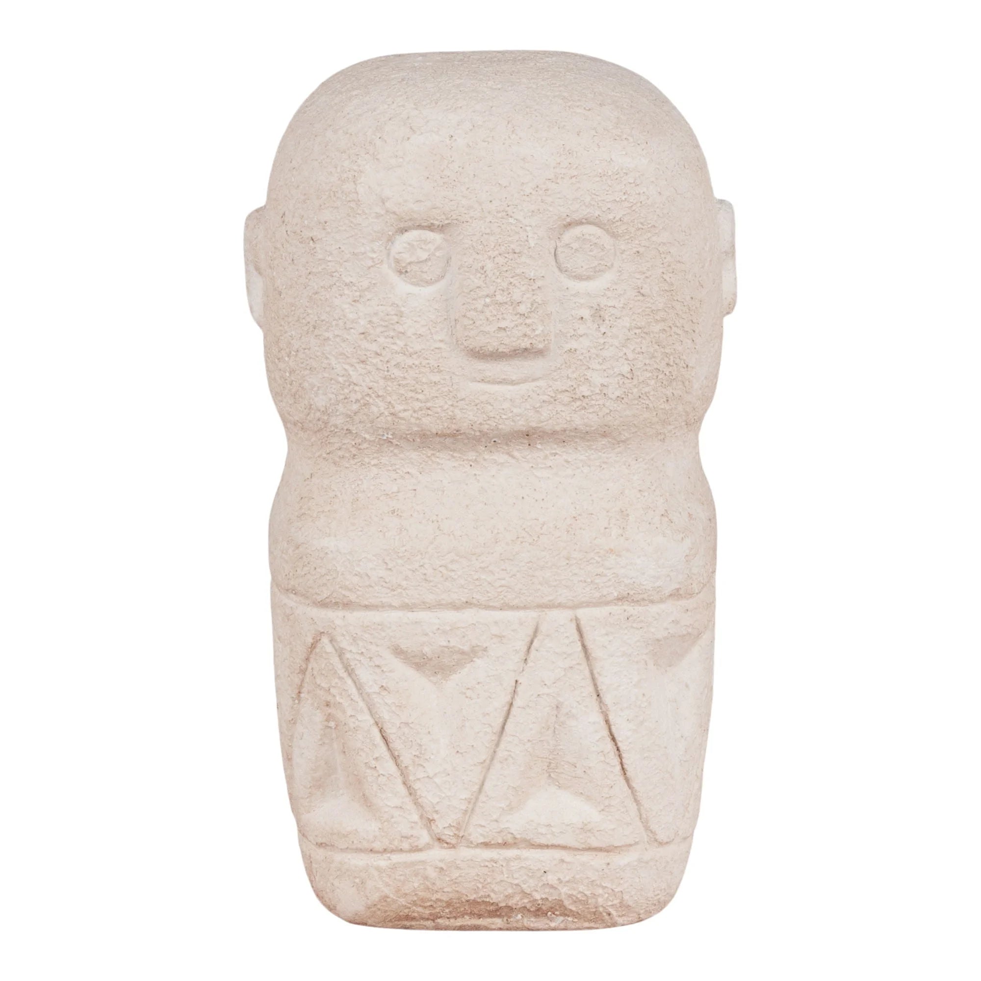 Sculpture en céramique beige effet pierre avec visage gravé et motifs géométriques