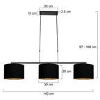 Lampadaire suspendu noir à trois abat-jour en tissu avec intérieur doré, 140x30 cm