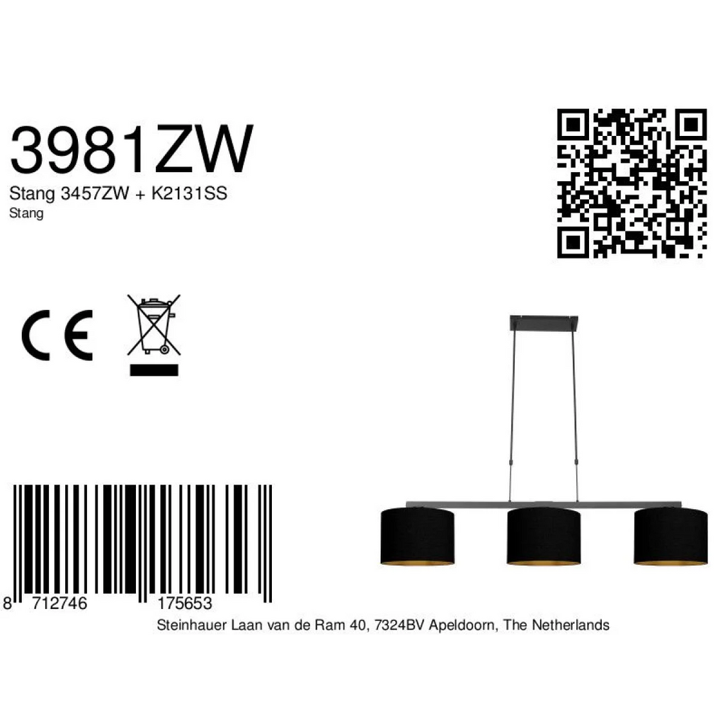 Suspension 3 abat-jour tissu noir avec intérieur doré, design élégant, 140x30 cm