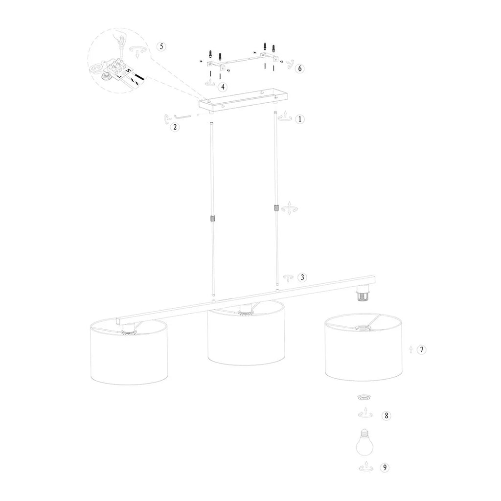 Diagramme éclaté d’un luminaire suspendu à trois abat-jours en tissu noir intérieur doré
