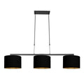 Suspension 3 abat-jour tissu noir intérieur doré, luminaire linéaire 140x30 cm