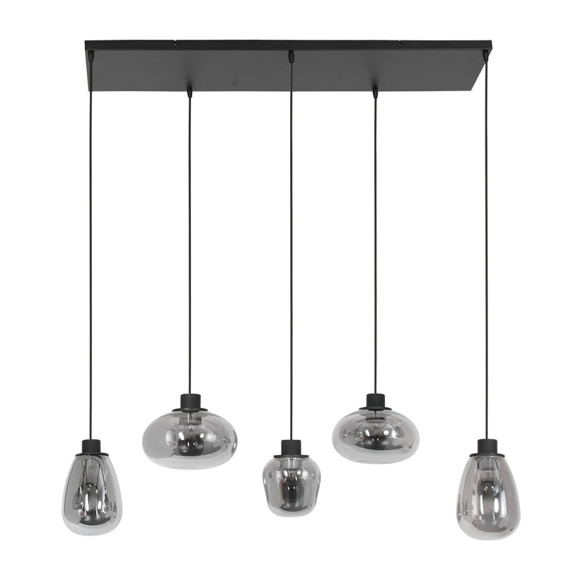 Suspension 5 lumières verre fumé et acier noir – 100x30 cm