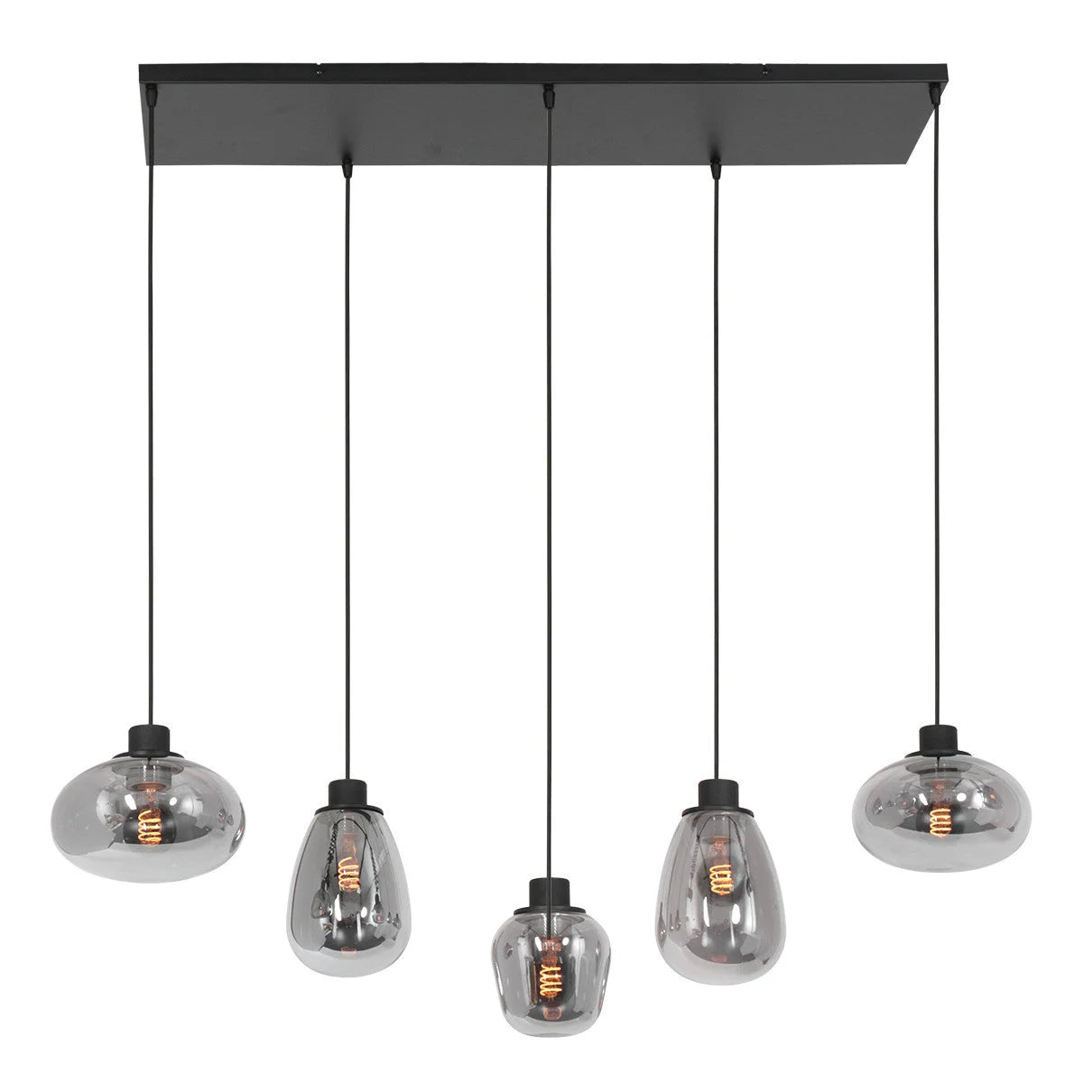 Suspension 5 lumières en verre fumé et acier noir, diamètre 100x30 cm