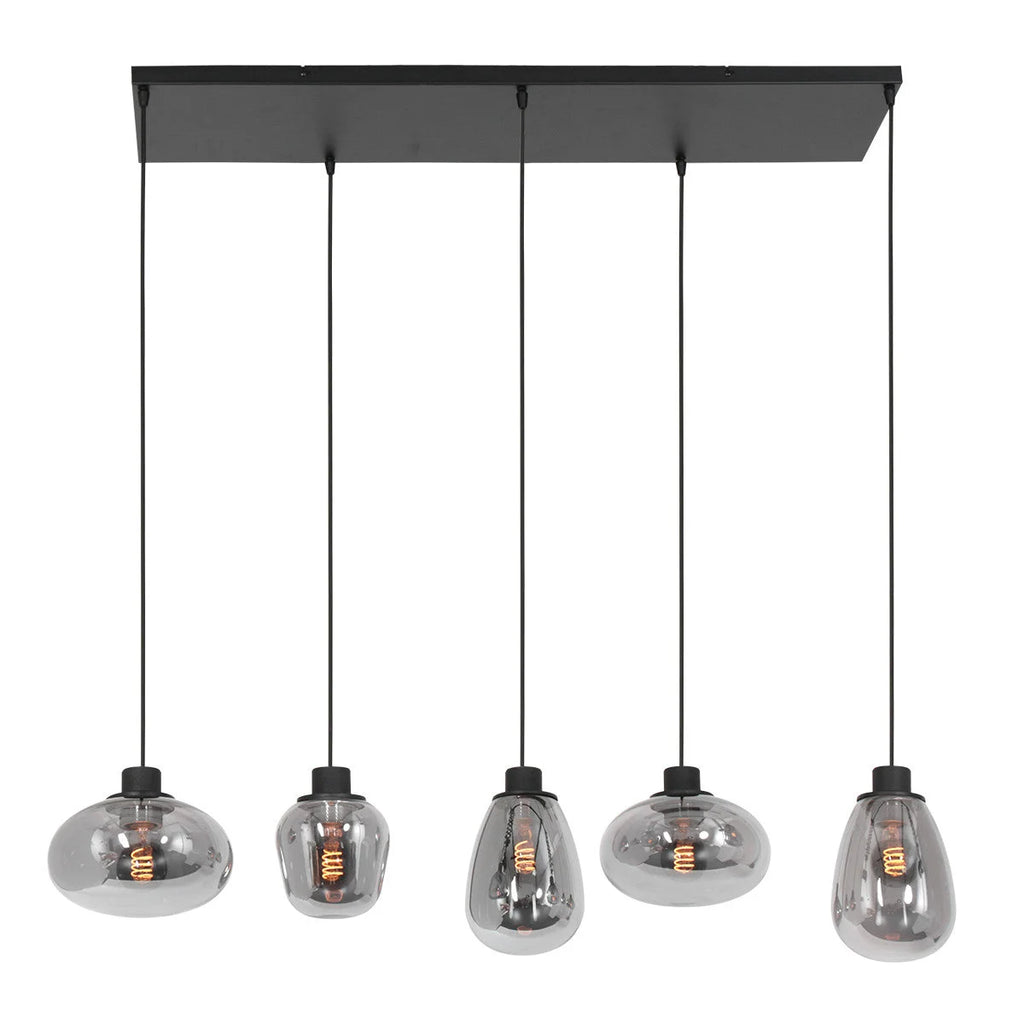Suspension 5 lumières en verre fumé et acier noir, dimens. 100x30 cm