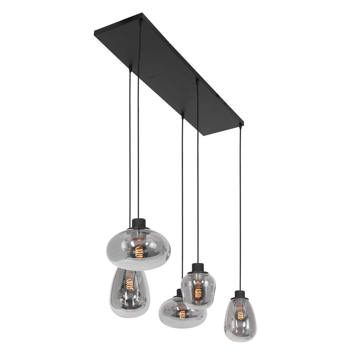 Luminaire suspendu à cinq abat-jours en verre fumé et acier noir, moderne et élégant