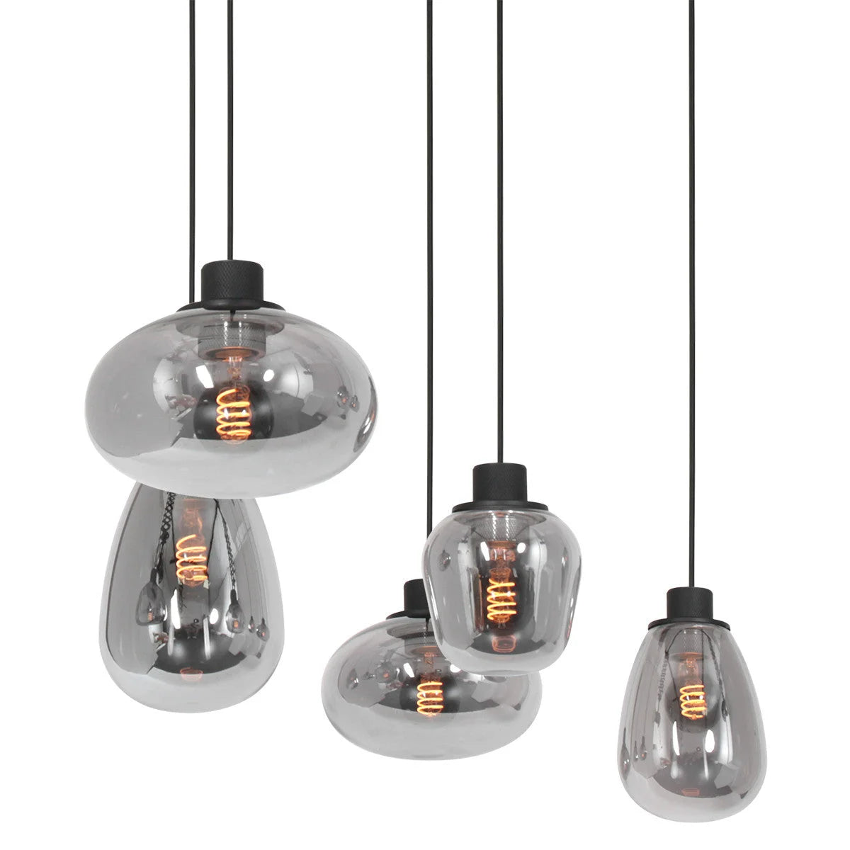 Cluster de suspensions en verre fumé et acier noir pour un éclairage moderne