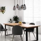 Salle à manger moderne avec suspension 5 lumières en verre fumé et acier noir