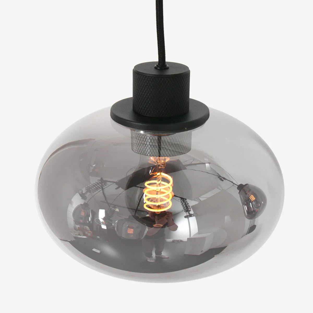 Suspension 5 lumières en verre fumé et acier noir, design moderne pour intérieur
