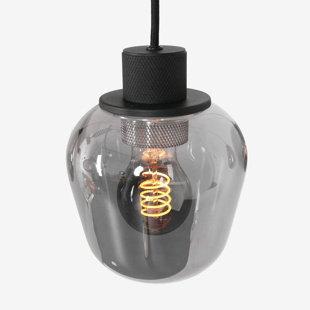 Suspension 5 lumières en verre fumé et acier noir avec ampoule à filament spiralé
