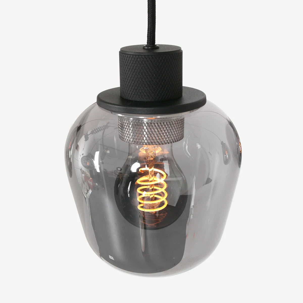 Ampoule spiral dans suspension en verre fumé et acier noir 100x30 cm
