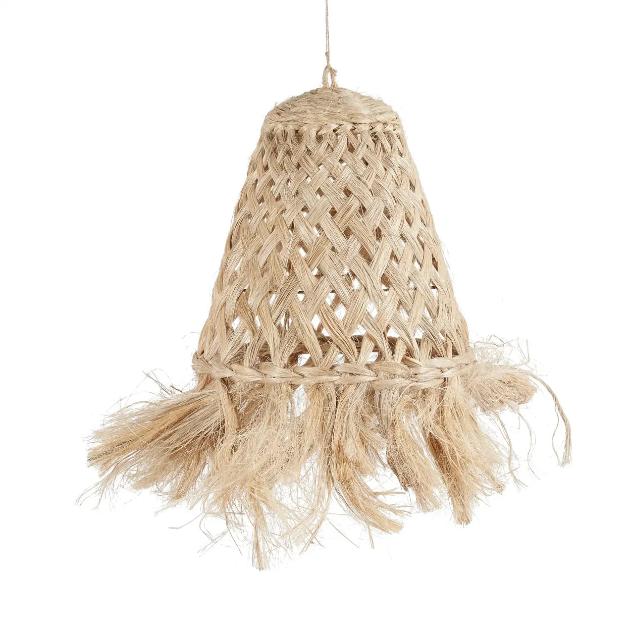Suspension en abaca forme méduse naturelle 43 cm avec lampe en paille tissée et frange