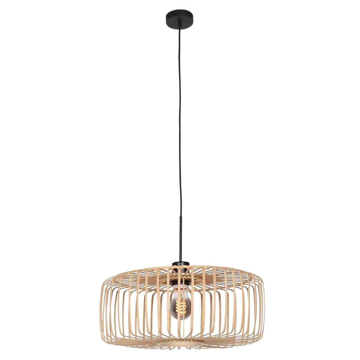 Luminaire suspendu en bambou ajouré et métal noir pour salon de Ø60 cm