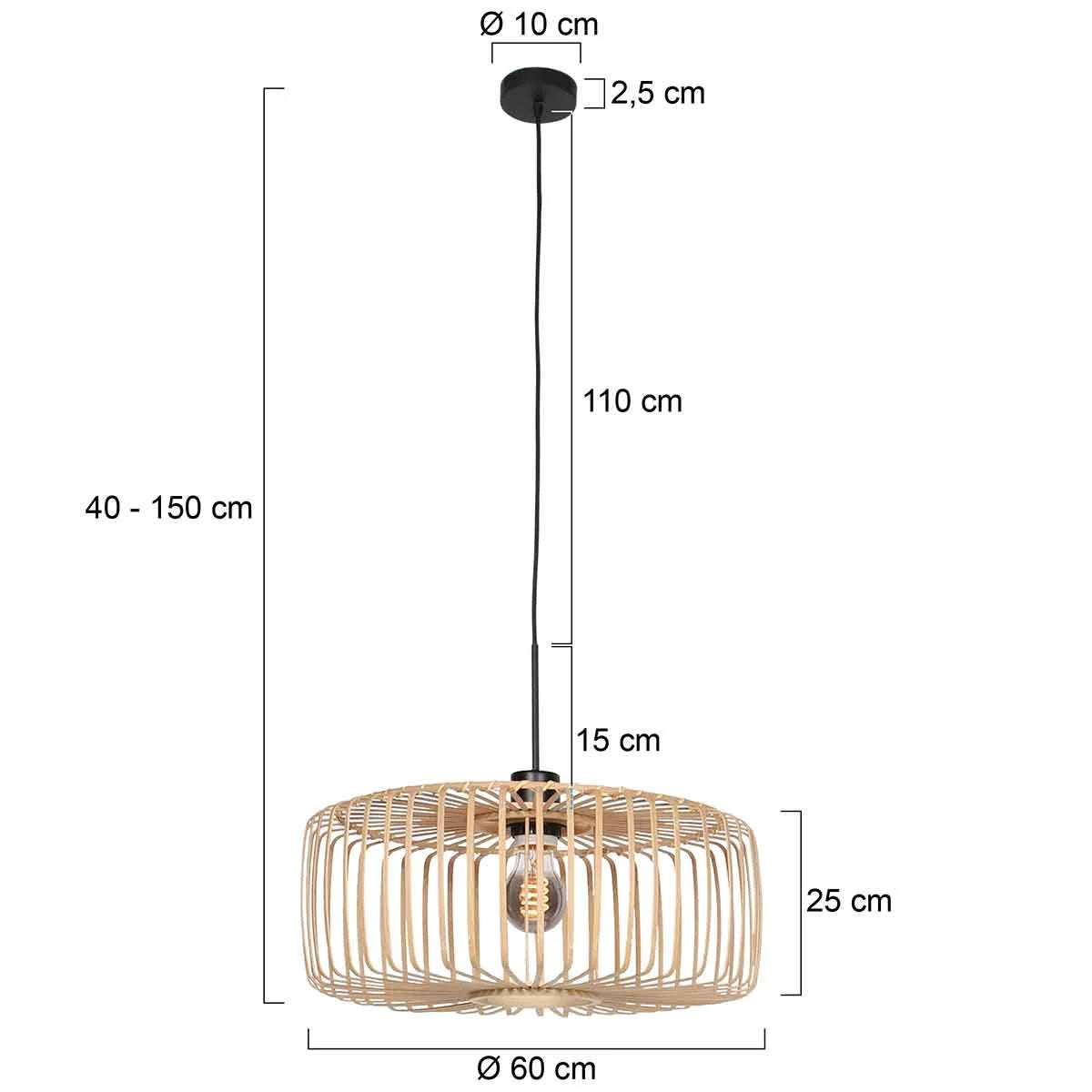 Suspension en bambou ajouré et métal noir pour salon Ø60 cm, luminaire suspendu naturel
