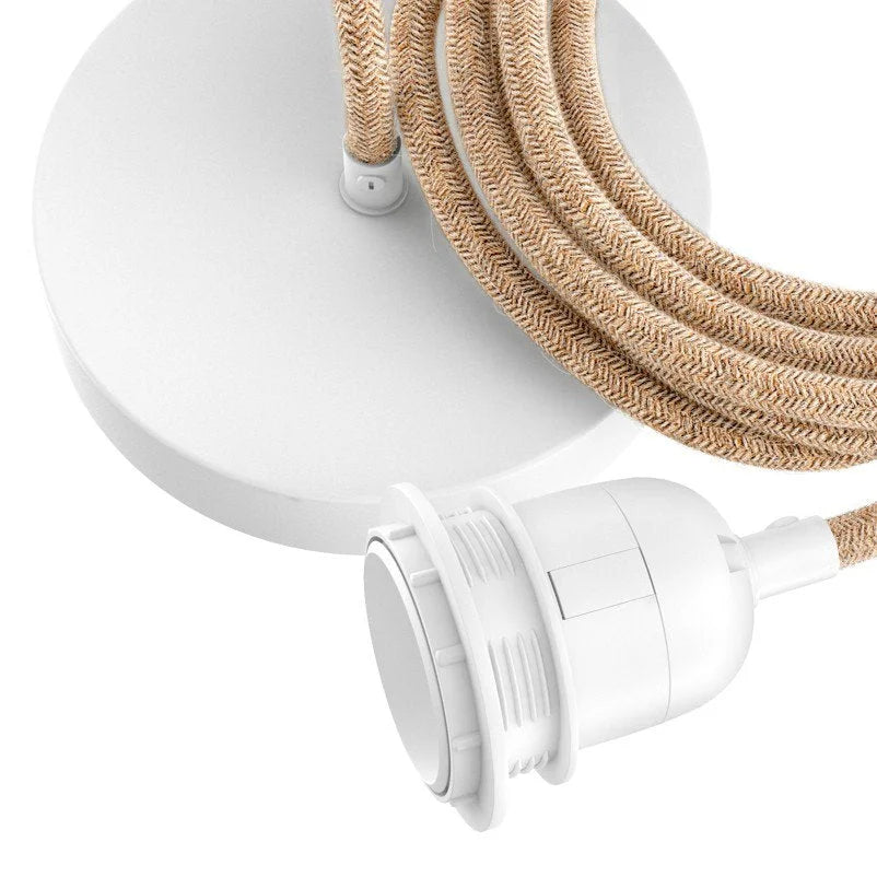 Rose de plafond blanche avec câble tressé beige et douille E27 pour suspension élégante