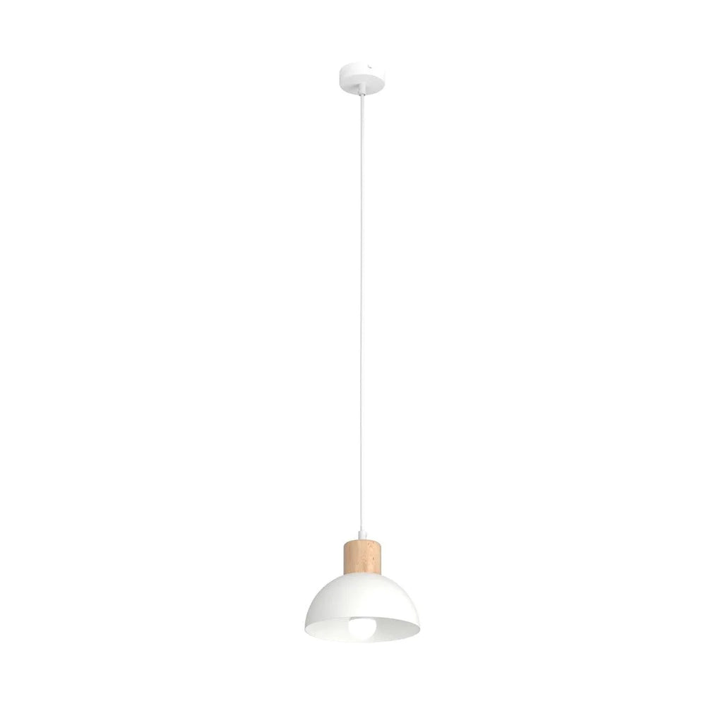 Suspension blanche métal et bois clair dôme scandinave Ø18 cm