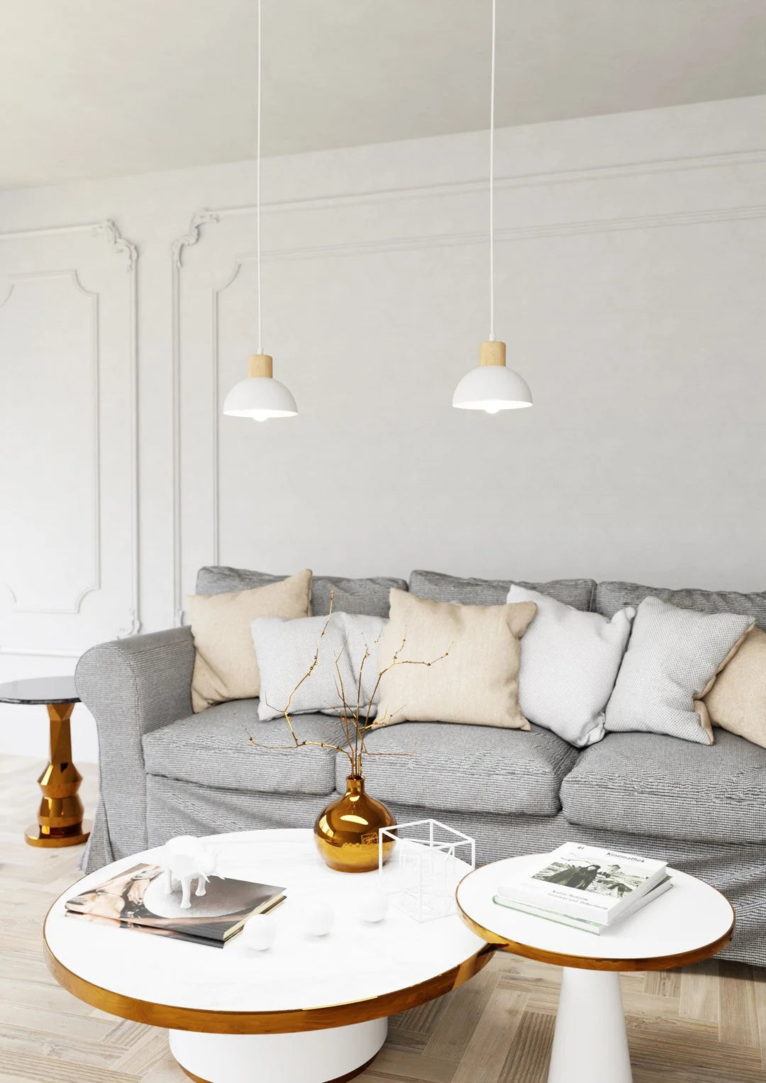 Vase métallique doré au col élancé, corps rond avec branches sèches, suspension blanche scandinave Ø18 cm