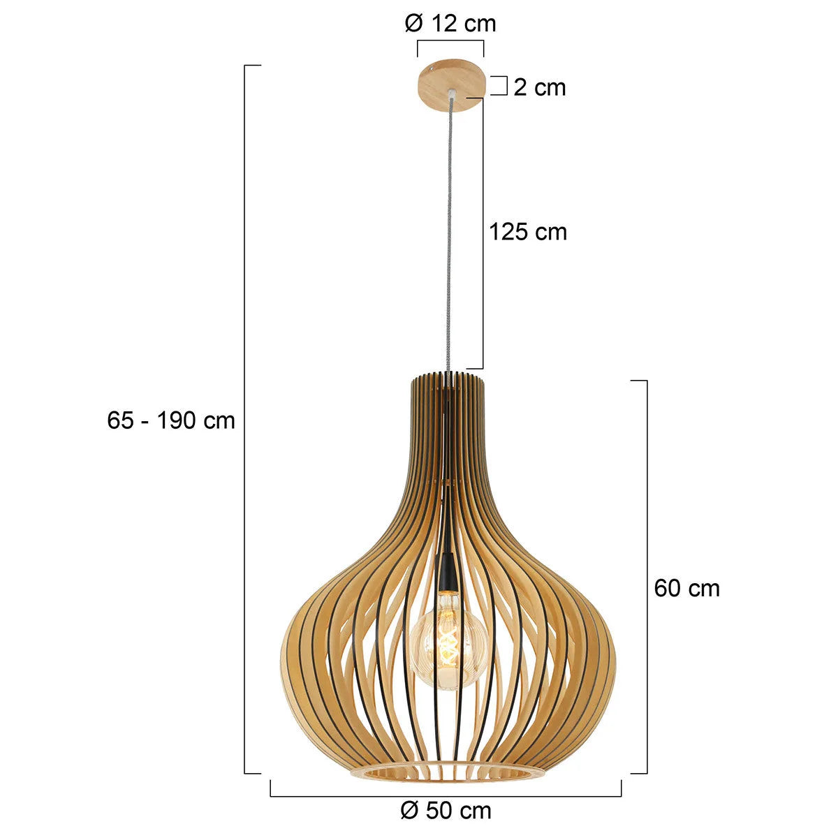 Ampoule suspendue en bois ajouré en forme de goutte naturel Ø50 cm