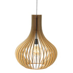 Suspension bois ajouré forme goutte naturel avec lampes en bois slat Ø50 cm