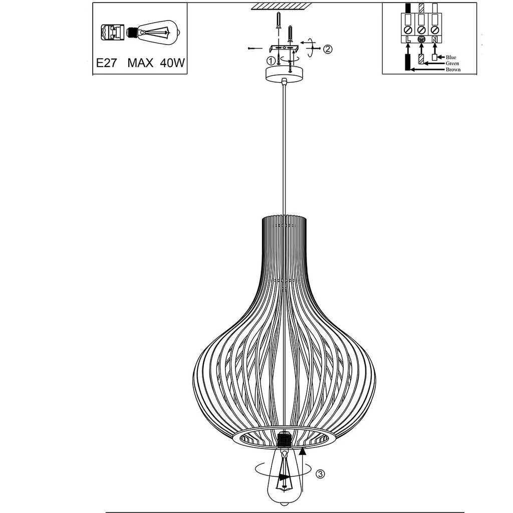 Luminaire suspendu en bois ajouré forme goutte naturel Ø50 cm