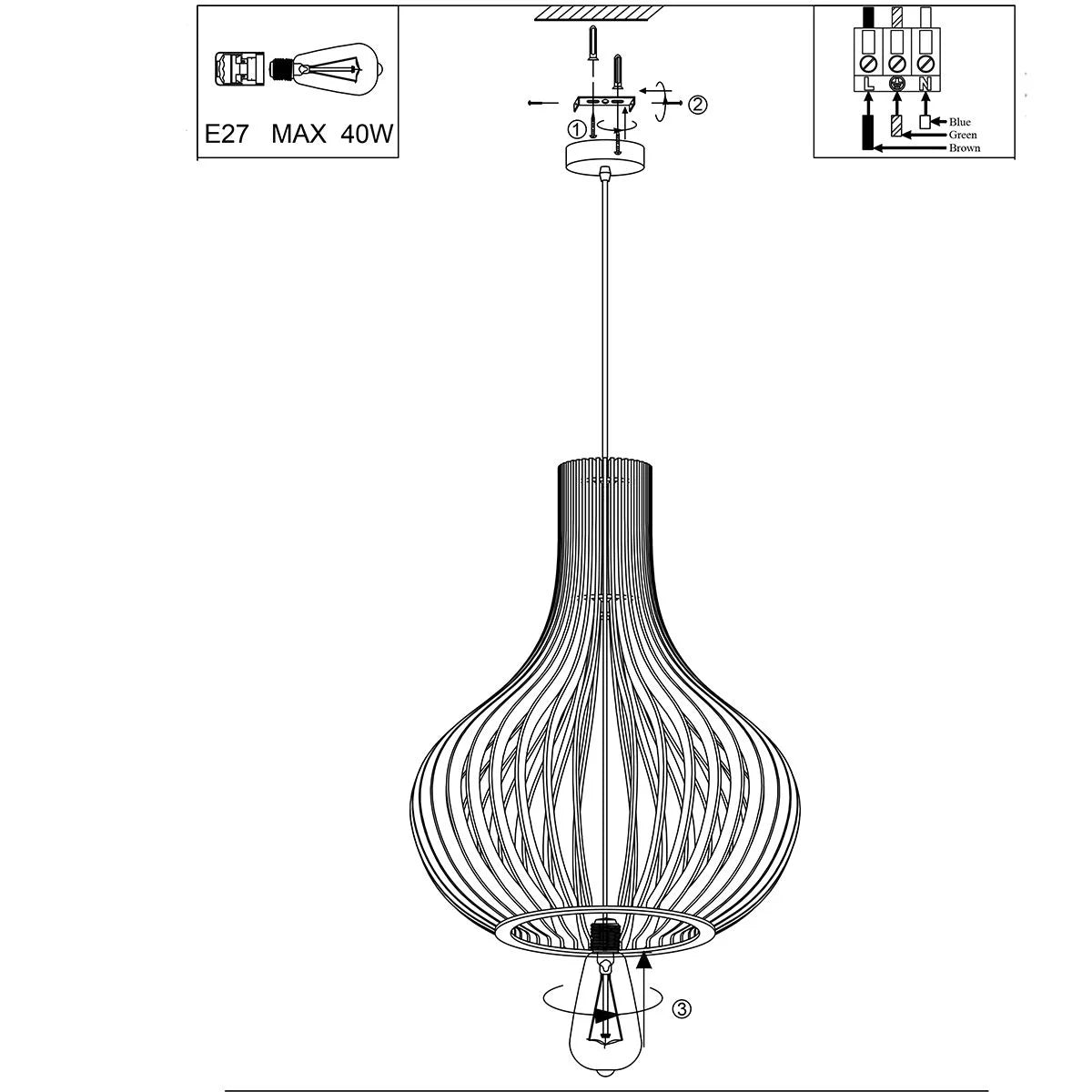 Luminaire suspendu en bois ajouré forme goutte naturel Ø50 cm