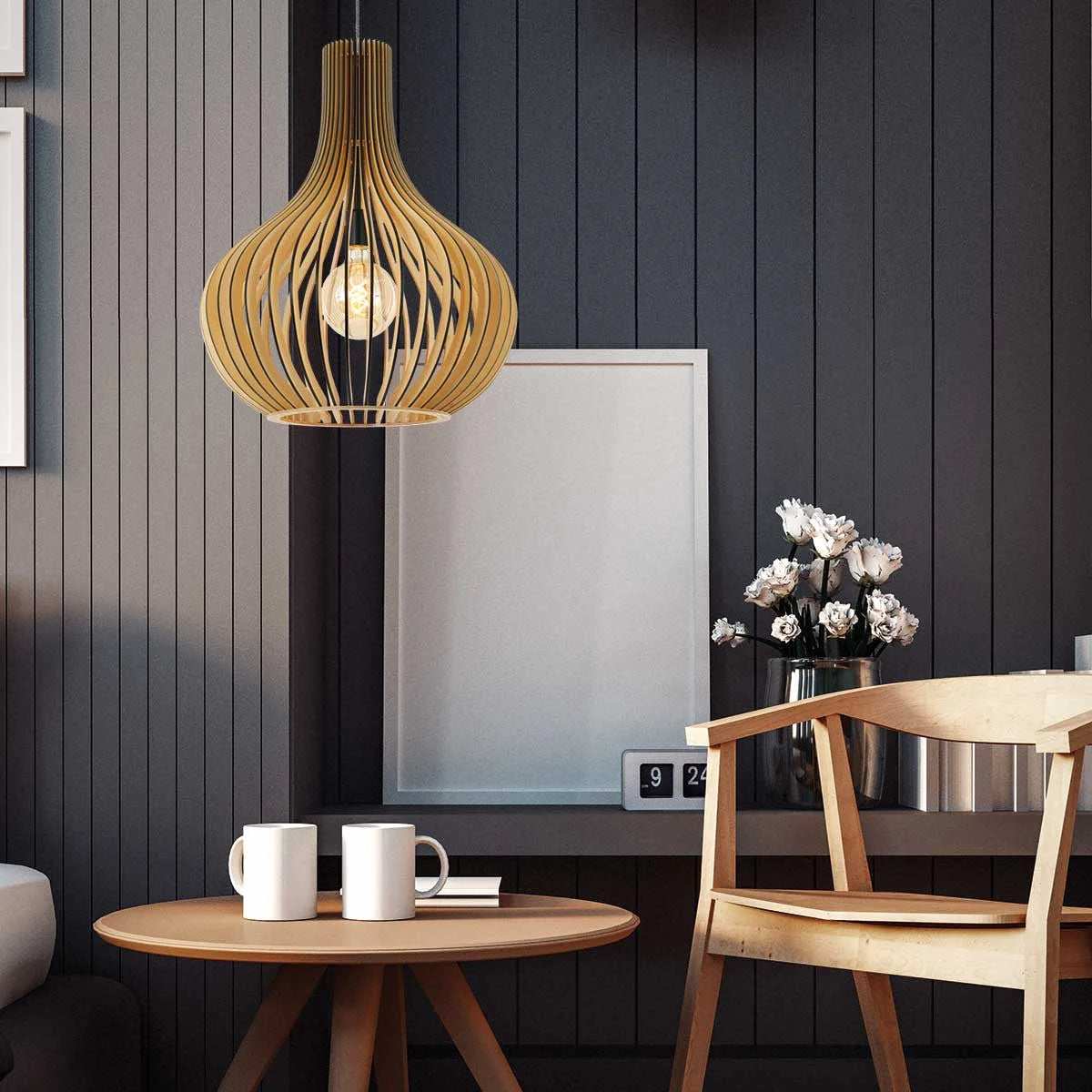 Suspension bois ajouré en forme de goutte naturel de 50 cm, luminaire en bois élégant