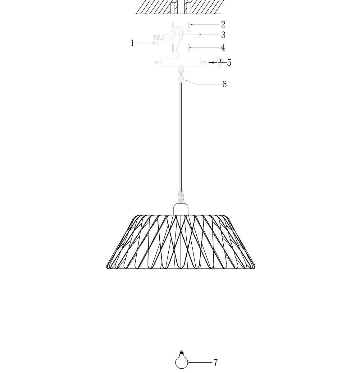 Image d’une suspension en bois ajouré motif zigzag noir et naturel avec schéma d’installation
