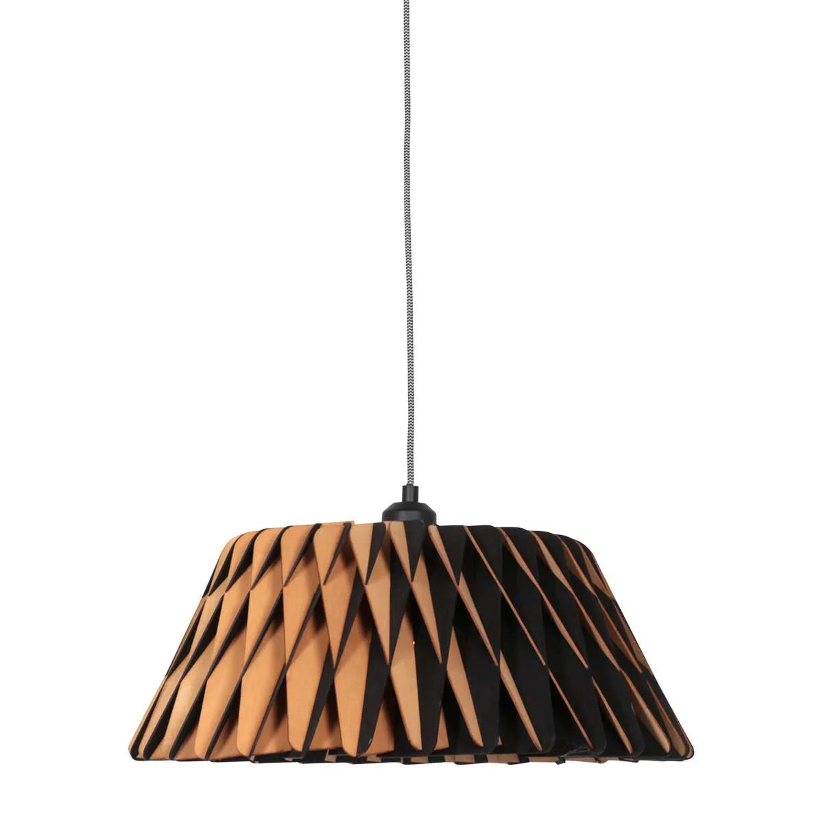 Suspension en bois ajouré motif zigzag noir et naturel, lampes géométriques pendantes