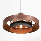 Suspension en bois chêne avec intérieur doré, luminaire circulaire à plusieurs couches