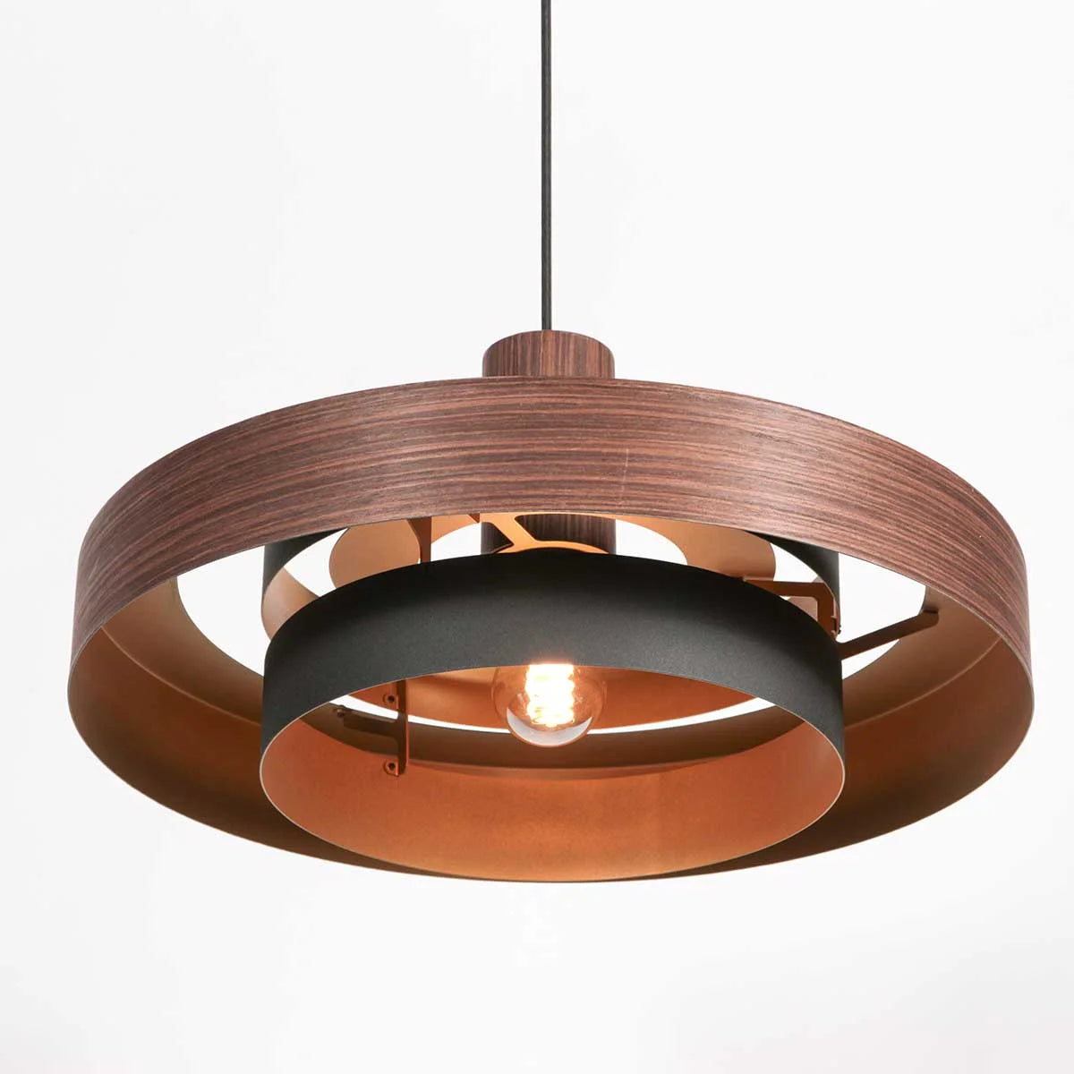 Suspension en bois chêne avec intérieur doré, luminaire circulaire à plusieurs couches
