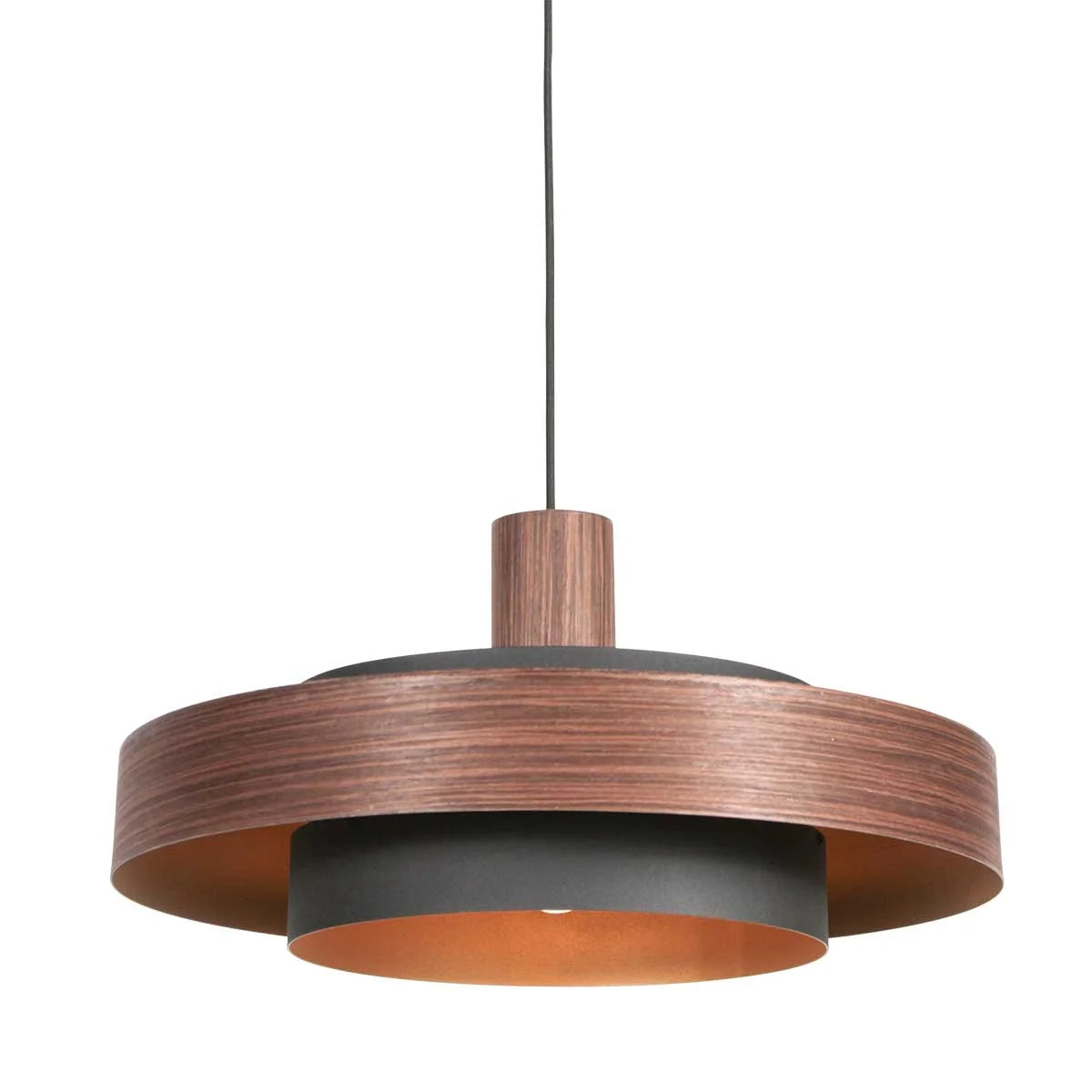 Luminaire suspendu en cuivre et gris avec double abat-jour en bois chêne et intérieure dorée