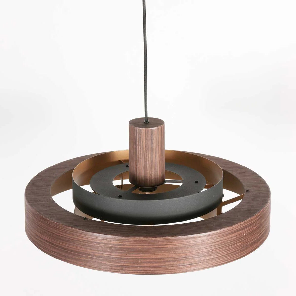 Suspension en bois chêne avec intérieur doré et double abat-jour circulaire cuivre et noir